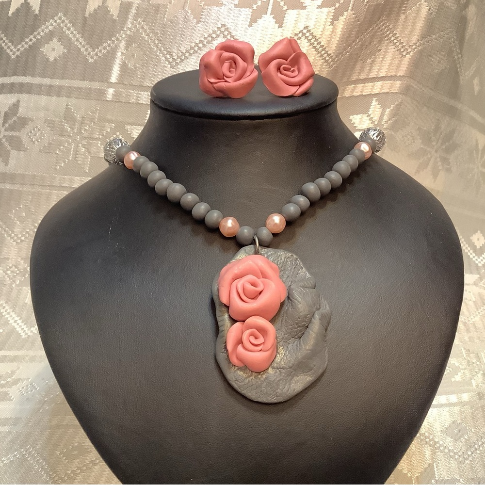Vintage Necklace Earrings Set Handmade Clay